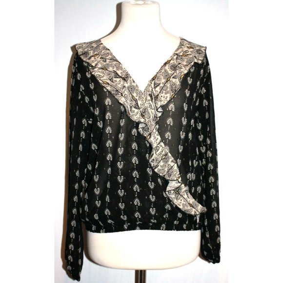 Senlis Women 3/4 Sleeve Top Shirt Deep V Black Beige Gold Size Medium M NEW - Picture 1 of 2